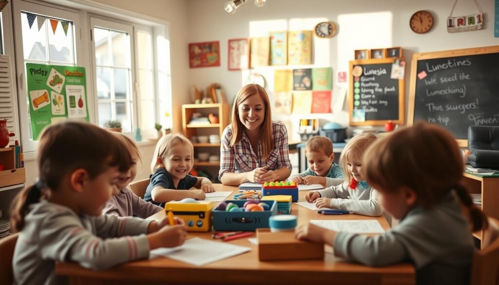 A cozy homeschool classroom filled with vibrant energy and engaged young minds. The foreground features a group of happy, attentive preschoolers gathered around a wooden table, working diligently on Lunesia learning activities. Soft, natural light streams in through large windows, casting a warm glow over the scene. In the middle ground, a teacher smiles proudly as she guides the children, her reassuring presence cultivating a nurturing, supportive environment. The background showcases a colorful, stimulating display of educational posters, shelves brimming with Lunesia resources, and a chalkboard displaying student progress. An atmosphere of discovery, curiosity, and academic growth permeates the space, reflecting the real-life success stories of Lunesia in homeschooling preschoolers.
