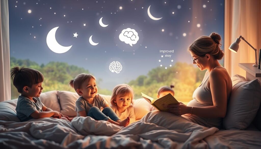 A cozy, inviting scene depicting the physical and mental health benefits of a consistent bedtime story routine for children. In the foreground, a group of happy, engaged children sitting on plush pillows, listening intently as a warm, nurturing caregiver reads from an enchanting storybook. Soft, diffused lighting casts a comforting glow, creating an atmosphere of tranquility and security. In the middle ground, symbolic images representing improved sleep quality, cognitive development, and emotional well-being float gently, complementing the serene setting. The background features a serene, nature-inspired landscape, with lush greenery and a calming, starry night sky, suggesting the holistic benefits of this cherished ritual.