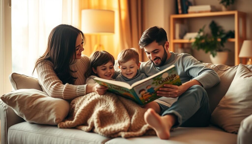 A cozy living room bathed in warm, golden-hued lighting. In the foreground, a family of four - two parents and two young children - nestled together on a plush, oversized sofa, engaged in a lively bedtime story reading session. The father's arm is wrapped around the mother, who holds an open book as the children lean in, captivated by the tale. Soft textures, muted colors, and a sense of intimacy and comfort permeate the scene, reflecting the cherished ritual of family bonding through a shared storytelling experience.
