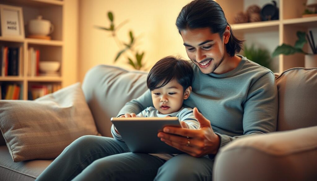 A cozy living room scene, with a parent and child sitting on a comfortable couch, sharing a tablet device. The parent's face is engaged, guiding the child's interaction with the screen, a nurturing expression of media mentorship. Soft, diffused lighting creates a warm, inviting atmosphere, while the background features a bookshelf and plants, suggesting a learning-focused environment. The composition emphasizes the connection between the two figures, conveying the importance of co-viewing and active engagement in a child's media consumption.