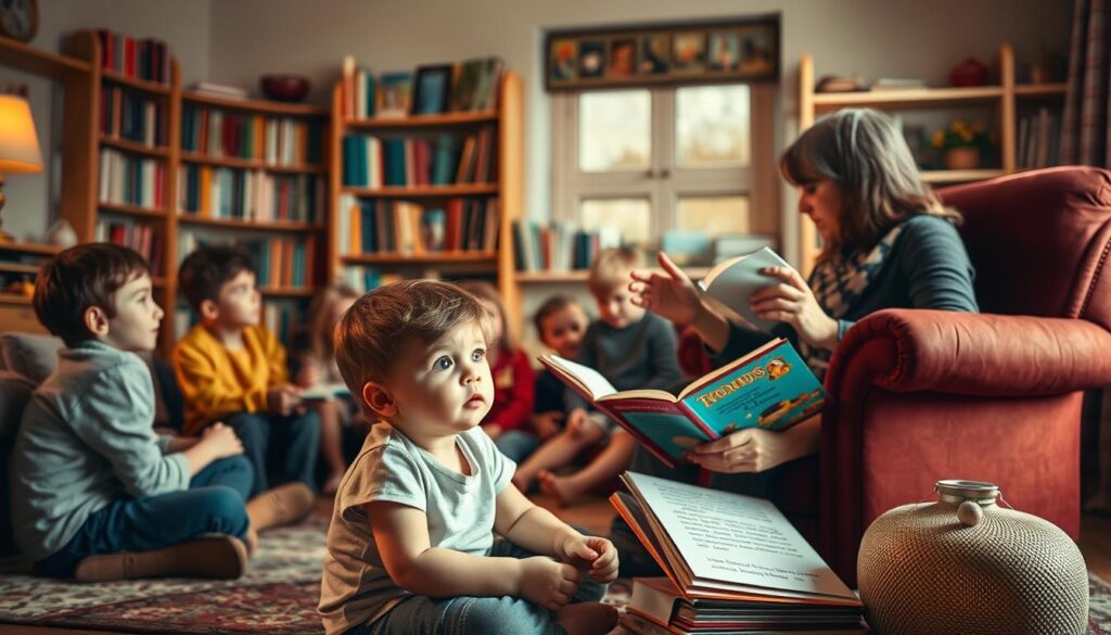 A cozy living room scene with children gathered around an adult storyteller, captivated by the tales being woven. Warm, soft lighting bathes the room, creating an inviting atmosphere. In the foreground, a young child sits cross-legged, eyes wide with wonder, hanging on every word. The storyteller, seated in a comfortable armchair, gestures animatedly, bringing the story to life. In the middle ground, other children of varying ages listen intently, their imaginations sparked by the narrative. The background features bookshelves overflowing with storybooks, hinting at the wealth of tales waiting to be discovered. An overall sense of comfort, safety, and the power of storytelling to captivate young minds permeates the scene.