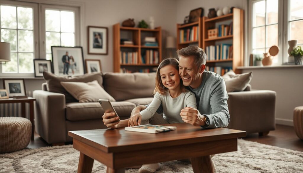 A cozy living room setting, illuminated by soft, natural lighting filtering through large windows. On a wooden coffee table, a parent sits with a smartphone, their face alight with a warm, approving expression as they reviews a vocabulary-building app on the screen. Surrounding them, framed family photos, a plush rug, and bookshelves filled with educational materials create an atmosphere of domestic tranquility and intellectual engagement. The parent's posture exudes a sense of satisfaction and pride, reflecting the app's efficacy in supporting their child's learning journey.