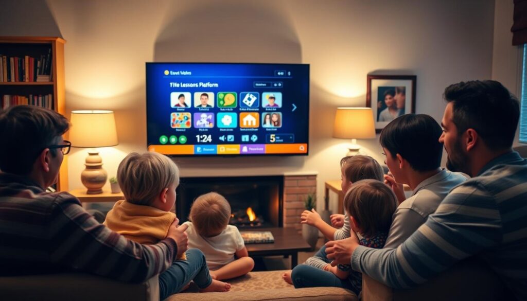 A cozy living room with a family gathered around an educational platform displayed on a large flat-screen TV. The adults and children are engrossed, interacting with the colorful, interactive lessons and games. Soft lighting from table lamps and a fireplace creates a warm, inviting atmosphere. In the background, bookshelves and framed artwork suggest an intellectual, nurturing environment. The composition emphasizes the centrality of the educational platform, with the family members leaning in, captivated by the engaging content. The scene conveys a sense of learning, discovery, and quality time spent together in the comfort of a welcoming home.