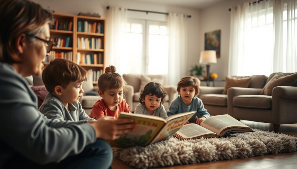 A cozy living room with soft, warm lighting. In the foreground, a group of 5-year-old children sit on a plush rug, completely engrossed in a storybook being read aloud by a patient, nurturing parent. Their faces are rapt with attention, eyes wide and expressions full of wonder. The middle ground features comfortable armchairs and bookshelves overflowing with colorful volumes. The background gently fades into a serene, contemplative atmosphere, inviting the viewer to join the children in this moment of shared discovery and the building of resilience through the power of storytelling.