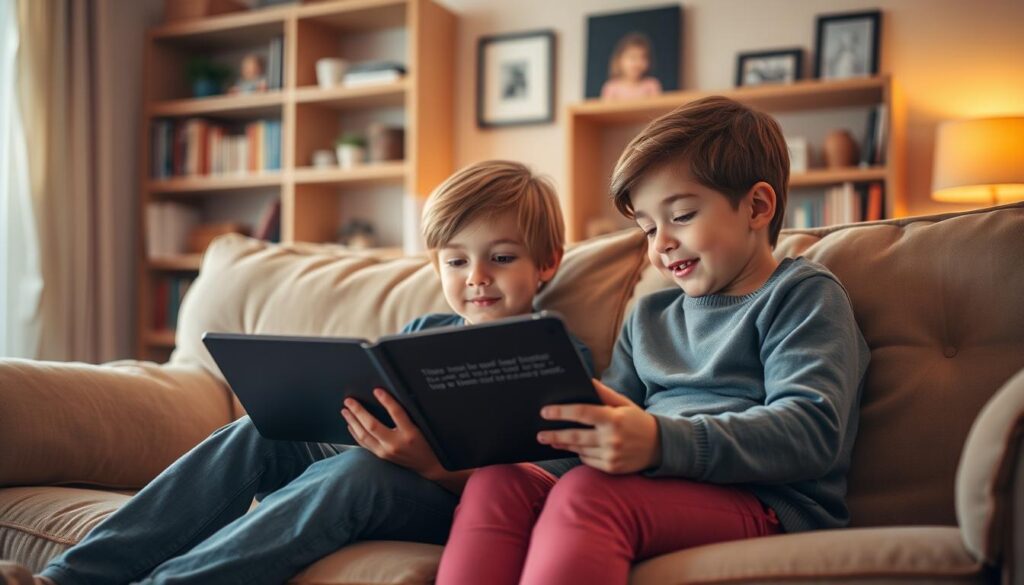 A cozy living room with two siblings sitting on a plush couch, engrossed in an interactive story app displayed on a tablet. The room is bathed in warm, soft lighting, creating a inviting and playful atmosphere. The siblings' expressions are animated, reflecting their excitement and engagement with the narrative unfolding on the screen. In the background, bookshelves and family photos suggest a nurturing, close-knit environment. The scene conveys the idea of shared discovery, imagination, and bonding through the use of a captivating interactive story app.