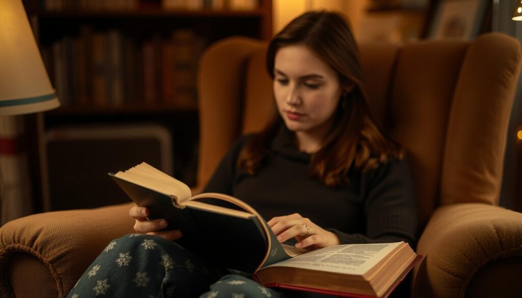 A cozy nook with a plush armchair, soft lighting, and an open book resting on the reader's lap. The setting is intimate and inviting, with a warm, analog atmosphere. The reader appears focused and engaged, their expression conveying the sense of discovery and immersion that comes with a captivating reading experience. The background is blurred, emphasizing the reader's connection with the book. The overall scene evokes a sense of tranquility and the joy of losing oneself in the written word.