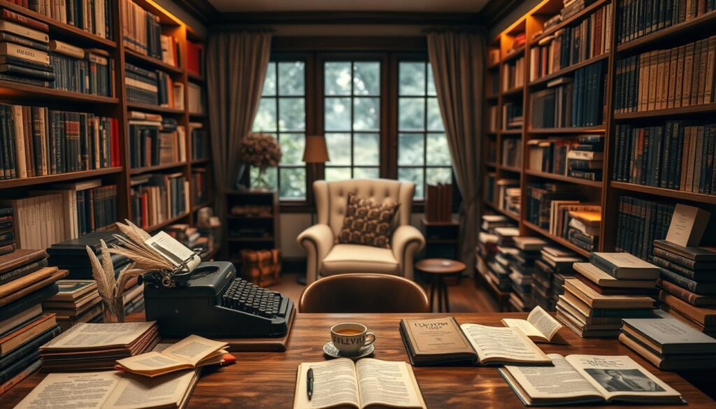 A cozy study filled with personalized short stories. A wooden desk in the foreground, covered in handwritten journals, quills, and a vintage typewriter. Bookshelves line the walls, their spines displaying an array of custom-bound books, each with a unique title and cover design. Soft, diffused lighting casts a warm glow, creating an inviting atmosphere. In the middle ground, a comfortable armchair beckons the reader, alongside a small side table with a cup of tea. The background is blurred, hinting at a window overlooking a tranquil garden, emphasizing the intimate, creative setting. The overall scene conveys a sense of individual expression, storytelling, and the joy of immersing oneself in a personalized literary world.