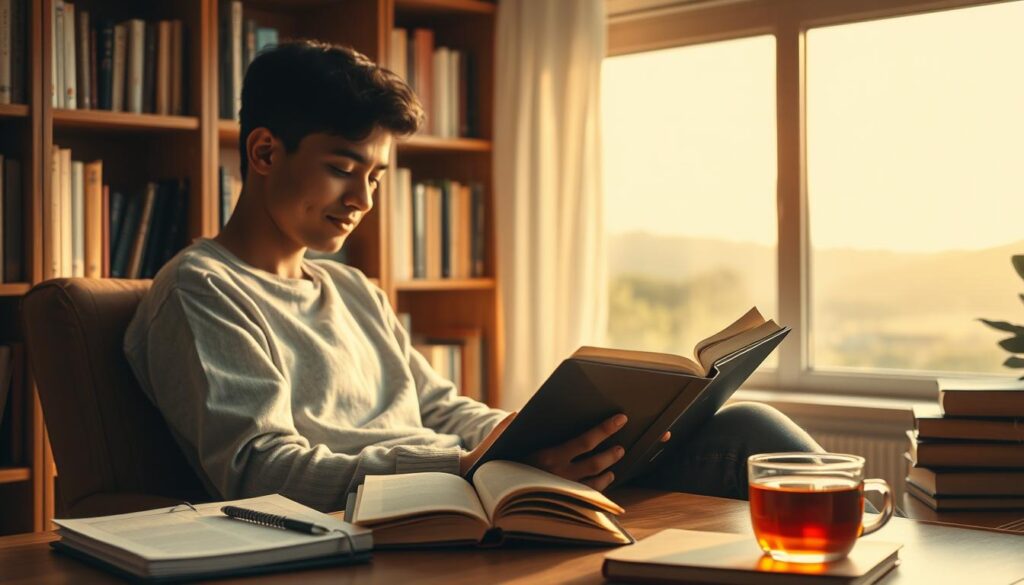 A cozy study nook with warm lighting, wooden bookshelves, and a comfortable reading chair. In the foreground, a person is deeply immersed in a book, their face radiating confidence and focus. Soft, diffused light filters through the windows, creating a serene and contemplative atmosphere. The mid-ground features various reading materials - a tablet, notebooks, and a cup of tea - symbolizing the diverse tools for building reading confidence. The background showcases a tranquil landscape outside, hinting at the calming effects of reading. The overall scene conveys a sense of personal growth, learning, and the power of literature to inspire confidence.