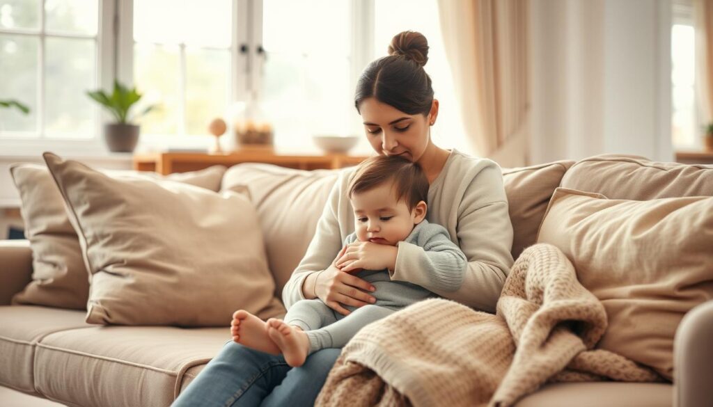 A cozy, warm-lit living room scene. In the foreground, a parent and toddler sit together on a plush, neutral-toned sofa, the toddler nestled in the parent's lap. The parent's face is calm and attentive, their hands gently embracing the child, creating a sense of safety and comfort. In the middle ground, soft, muted colors and textures, such as throw pillows and a knitted blanket, contribute to the soothing, nurturing atmosphere. The background features natural light filtering through large windows, casting a gentle glow and suggesting a peaceful, domestic setting. The overall mood is one of tenderness, attunement, and the essential connection between parent and child during the early stages of emotional regulation.