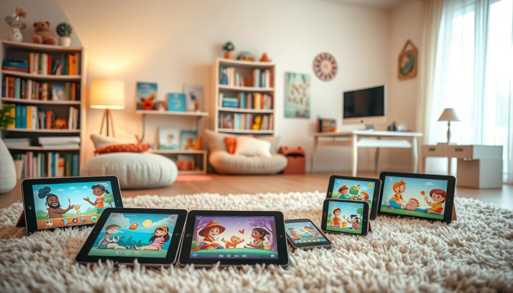 A cozy, well-lit children's room, filled with vibrant illustrations of diverse characters immersed in captivating stories displayed on a variety of story apps. In the foreground, tablets and smartphones rest on a plush rug, their screens showcasing whimsical scenes that capture a child's imagination. The middle ground features a bookshelf brimming with storybooks, a reading nook with plush pillows, and a desk with a desktop computer. The background depicts a warm, inviting atmosphere with soft, natural lighting filtering through sheer curtains, creating a serene and nurturing environment for children to explore the wonders of storytelling through digital and physical media.