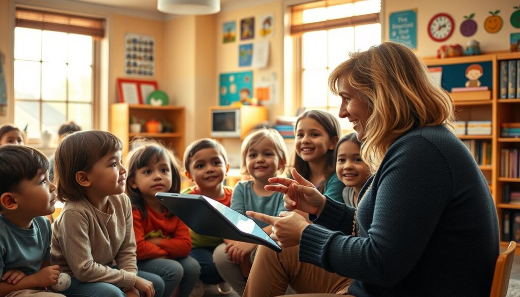 A cozy, well-lit classroom setting, with a group of children gathered around a teacher, their faces full of wonder and anticipation. The teacher is gesturing animatedly, holding a tablet or smartphone, displayed in the foreground. Warm, natural lighting filters in through large windows, casting a soft glow over the scene. The background features bookshelves, educational posters, and other classroom decor, creating a nurturing and engaging environment. The overall mood is one of educational discovery and the joy of storytelling, as the children listen attentively to the teacher's interactive presentation.
