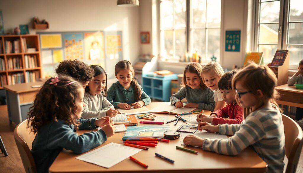 A cozy, well-lit classroom setting with a group of young students sitting around a table, engaged in a collaborative storytelling session. The children have diverse backgrounds and expressions, working together to craft an imaginative narrative. Warm, soft lighting filters in through large windows, creating a nurturing and collaborative atmosphere. The table is covered with colorful art supplies, notebooks, and writing utensils, hinting at the creative process unfolding. In the background, there are bookshelves, educational posters, and other classroom elements that suggest a space conducive to learning and discovery. The overall scene conveys a sense of teamwork, problem-solving, and the joy of shared imagination.