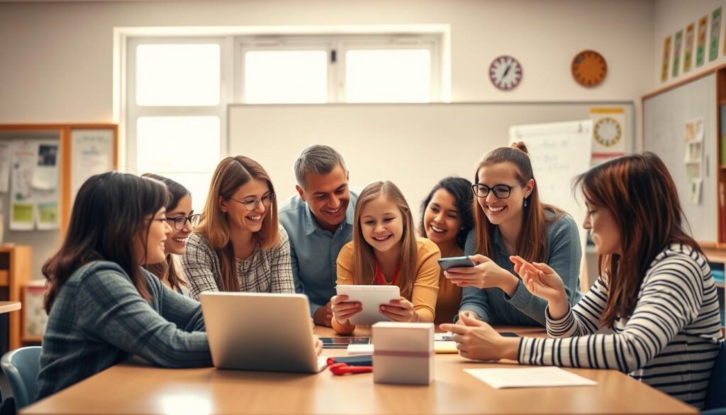 A cozy, well-lit classroom setting with a whiteboard or chalkboard in the background. In the foreground, a group of parents and educators gathered around a table, engaged in lively discussion. Warm, natural lighting filters through large windows, casting a soft glow on their faces. Their expressions convey a mix of thoughtfulness and enthusiasm as they review educational apps, gesturing animatedly. The classroom has a welcoming, collaborative atmosphere, with educational posters and learning materials visible. The overall scene suggests a productive, insightful meeting where the needs of students are the central focus.