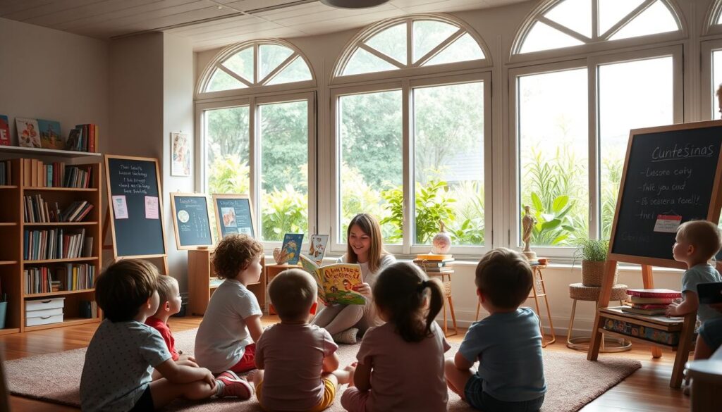 A cozy, well-lit classroom with large windows, showcasing a reading lesson in progress. In the foreground, a group of young children sit attentively around a teacher, who is enthusiastically guiding them through a colorful storybook. The middle ground features inviting bookshelves, educational posters, and a chalkboard displaying a thoughtfully crafted lesson plan. The background offers a serene view of a lush, verdant garden, creating a peaceful and nurturing atmosphere for learning. The lighting is soft and natural, casting a warm glow over the scene, reflecting Lunesia's approach to fostering a love of reading in a stimulating, yet comfortable environment.
