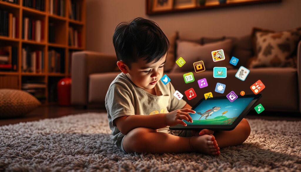 A cozy, well-lit digital storybook scene with a child sitting cross-legged on a plush rug, engrossed in a tablet displaying vibrant, animated illustrations. The foreground features the child's face, illuminated by the device's soft glow, their expression one of rapt attention. In the middle ground, an array of colorful, interactive story app icons float around the tablet, tempting the reader to explore. The background depicts a warm, inviting living room setting, with shelves of books, plush pillows, and a sense of comfort and discovery. The overall mood is one of enchantment, learning, and the power of digital storytelling to captivate young, reluctant readers.