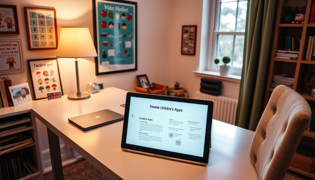 A cozy, well-lit home office space with a large desk and comfortable chair. On the desk, a tablet or laptop displays interactive children's apps and guidelines for responsible toddler screen time. Framed educational posters and family photos adorn the walls, creating a nurturing, family-oriented atmosphere. Soft lighting from a desk lamp and natural illumination from a nearby window cast a warm glow over the scene. The overall mood is calm, informative, and conducive to learning about healthy screen time limits for young children.