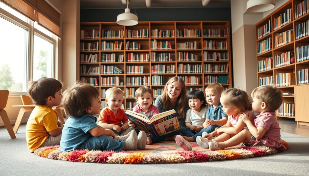 A cozy, well-lit library interior with floor-to-ceiling bookshelves. In the foreground, a group of vibrant, engaged toddlers sit in a semicircle on a plush, colorful rug, captivated by a teacher enthusiastically reading from a storybook. The teacher's face is warm and animated, drawing the children's attention. Soft, natural light streams in through large windows, creating a serene, inviting atmosphere. The toddlers' expressions are rapt, their bodies leaning forward in anticipation. The scene conveys a sense of wonder, discovery, and the joy of shared storytelling.