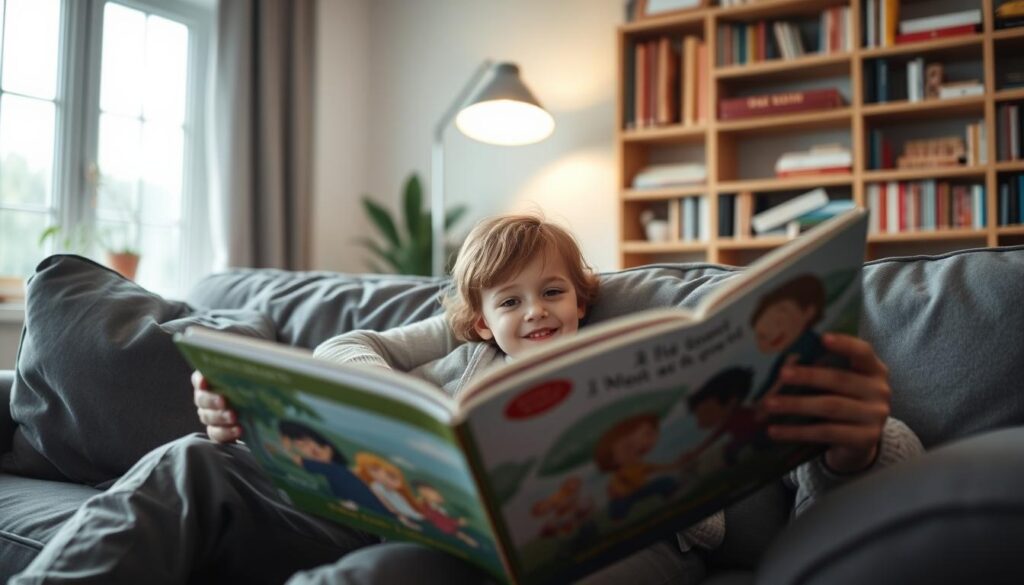 A cozy, well-lit living room scene with a parent sitting on a comfortable sofa, reading an oversized picture book to an attentive child snuggled up beside them. The parent's face is animated, eyes sparkling, as they engage the child with expressive gestures and captivating storytelling. In the background, a wall of bookshelves provides a warm, inviting ambiance. Soft lighting from a floor lamp and natural daylight filtering through a window create a serene, nurturing atmosphere conducive to interactive learning and bonding. The child's rapt expression and body language convey a sense of wonder and immersion in the unfolding narrative.
