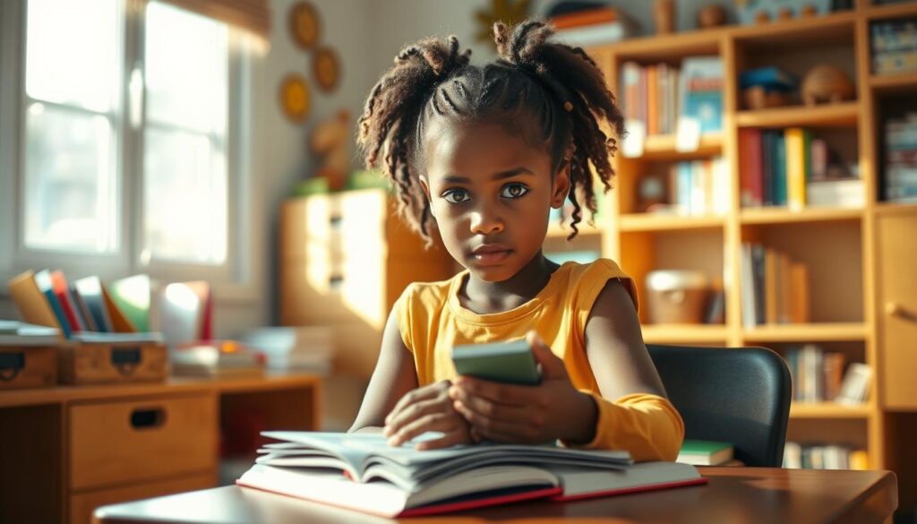A cozy, well-lit study room. At the center, Lunesia, a curious young girl, sits at a wooden desk, deeply focused on a textbook. Her expression conveys a sense of determined adaptation as she navigates the challenges of learning. Warm, natural light from a nearby window illuminates the scene, casting a soft glow on her features. In the background, shelves filled with colorful books and educational supplies suggest a nurturing, stimulating environment. The overall mood is one of concentration, growth, and the joy of discovery.