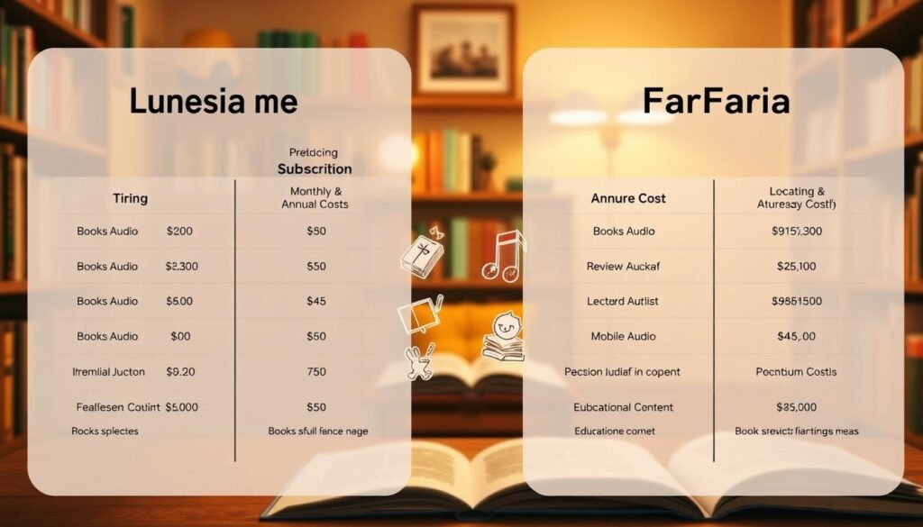 A detailed comparison of the pricing and subscription options for Lunesia and FarFaria, two leading read-to-me story platforms. In the foreground, two side-by-side charts display the tiered pricing structures, monthly/annual costs, and feature sets of each service. The middle ground shows stylized icons representing the core offerings - books, audio, and educational content. The background is a warm, book-themed environment with shelves, lamps, and a cozy atmosphere, conveying the educational yet inviting nature of the platforms. Soft, directional lighting highlights the key information, while a neutral color palette and clean layout make the comparative data easy to parse.