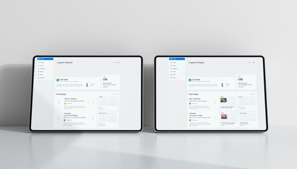 A detailed comparison of two modern, minimalist user interface designs, featuring a side-by-side presentation. The interfaces are rendered with a clean, professional aesthetic, using a neutral color palette and focused typography. The foreground showcases the core functionality and layout of each interface, allowing for a clear visual contrast. The middle ground highlights subtle differences in interactive elements, navigation, and overall information hierarchy. The background provides a subtle, textured environment that complements the digital interfaces, creating a harmonious, high-fidelity visual experience. Soft, directional lighting accentuates the sleek, modern appearance, while a slightly low camera angle conveys a sense of authority and importance.