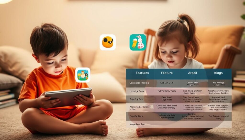 A detailed head-to-head comparison of two leading toddler story apps, Lunesia and its top competitor, set against a warm, inviting background. In the foreground, two young children, a boy and a girl, sitting cross-legged and engrossed in their respective tablets, their faces illuminated by the soft glow of the screens. In the middle ground, the two app icons float alongside detailed feature comparison charts. The background depicts a cozy, book-filled room, with plush pillows and a rocking chair, creating a nurturing, educational atmosphere. Soft, diffused lighting casts a gentle, comforting glow over the scene, while the camera angle is slightly elevated, providing an inclusive, observational perspective.