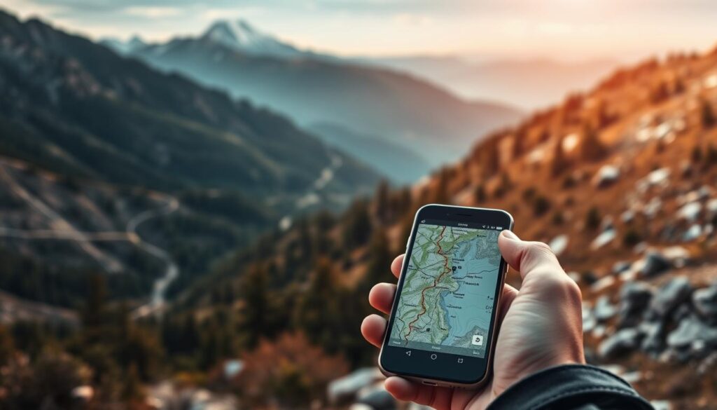 A detailed offline map navigation scene featuring a smartphone in the foreground, displaying a detailed topographic map. In the middle ground, a person's hands are holding the smartphone, pouring over the map. The background depicts a rugged, mountainous landscape with winding trails, dense forests, and a distant snow-capped peak. The scene is illuminated by soft, natural lighting, creating a sense of adventure and exploration. The overall mood is one of self-reliance, discovery, and a connection to the natural world, without the distractions of modern technology.