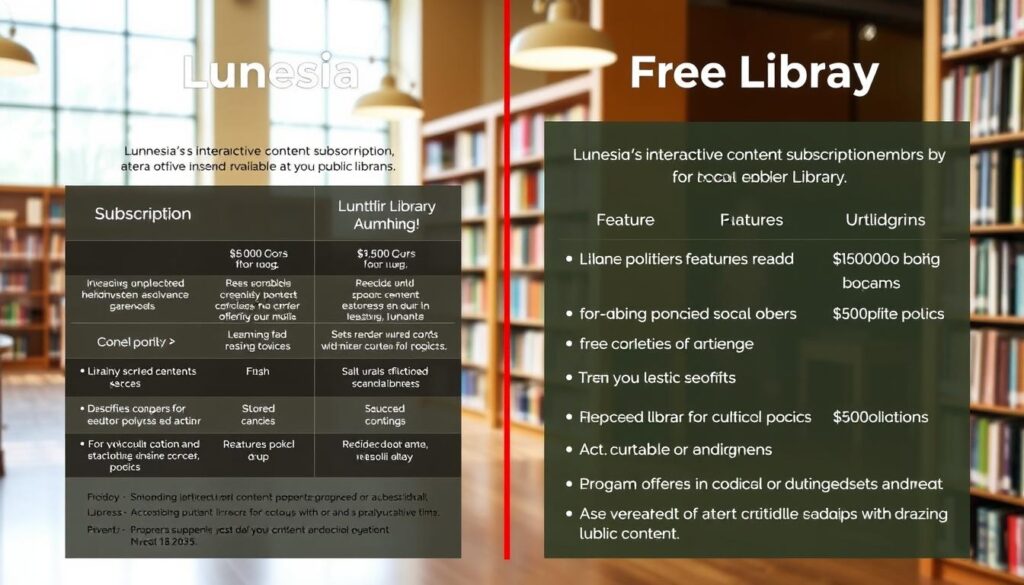A detailed side-by-side pricing comparison between Lunesia's interactive content subscription service and the free resources available at a local public library. The foreground shows Lunesia's subscription tiers with detailed pricing, features, and benefits. The middle ground displays a public library's lending policies, access to digital content, and program offerings for children. The background features a warm, inviting library interior with bookshelves, reading nooks, and natural lighting. The overall composition conveys an objective, analytical tone to support the cost analysis in the article.