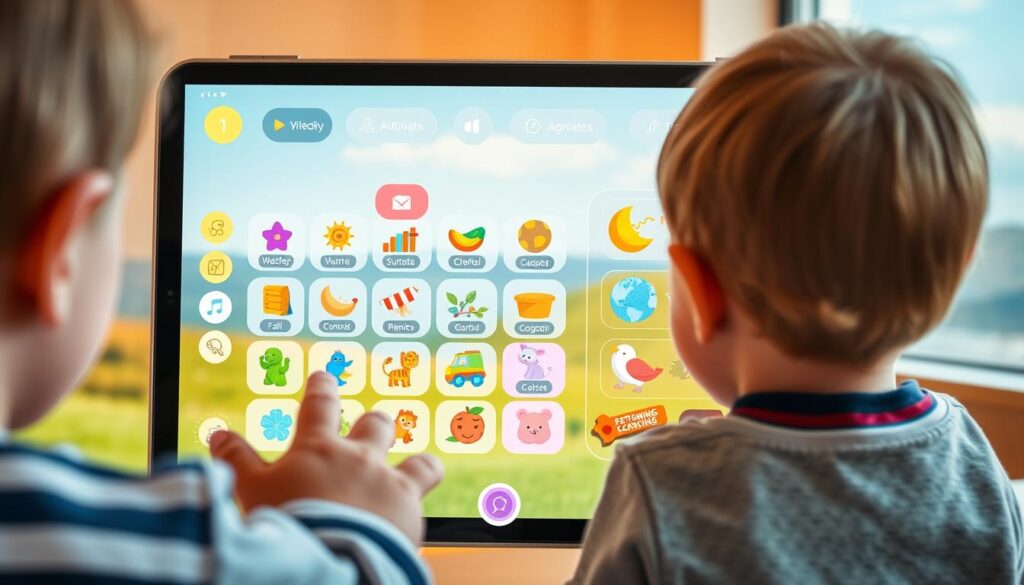 A detailed user interface of an educational app for preschoolers, showcasing a clean and engaging user experience. In the foreground, a young child interacts with vibrant and intuitive app controls, guided by playful icons and illustrations. The middle ground presents a structured layout of educational content, featuring vivid colors, interactive elements, and age-appropriate learning activities. In the background, a softly blurred landscape provides a calm and serene atmosphere, emphasizing the app's focus on creating a stress-free, immersive learning environment. Warm, directional lighting accentuates the app's user-friendly design, captured from a slightly elevated, three-quarter angle to provide a comprehensive view of the overall experience.