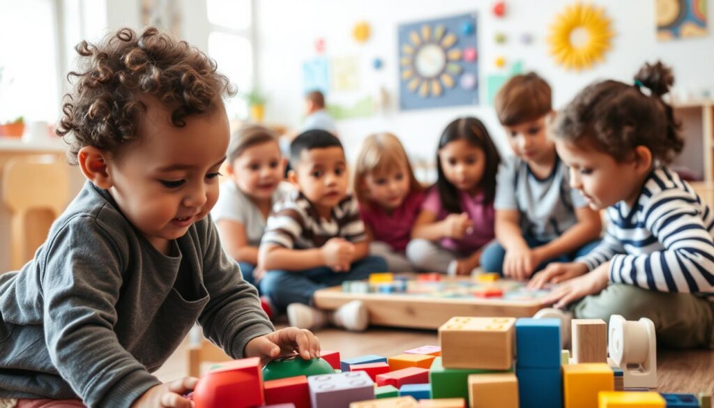 A diverse group of children engaged in play, their ages ranging from toddlers to pre-teens. The foreground features a young child exploring a set of building blocks, their face alight with curiosity. In the middle ground, a group of children sit around a low table, focused on a board game or interactive activity. The background depicts a warm, inviting space with colorful wall decor and natural lighting filtering in through large windows. The overall scene conveys a sense of inclusivity, learning, and age-appropriate engagement, capturing the essence of "Age Appropriateness and Accessibility."