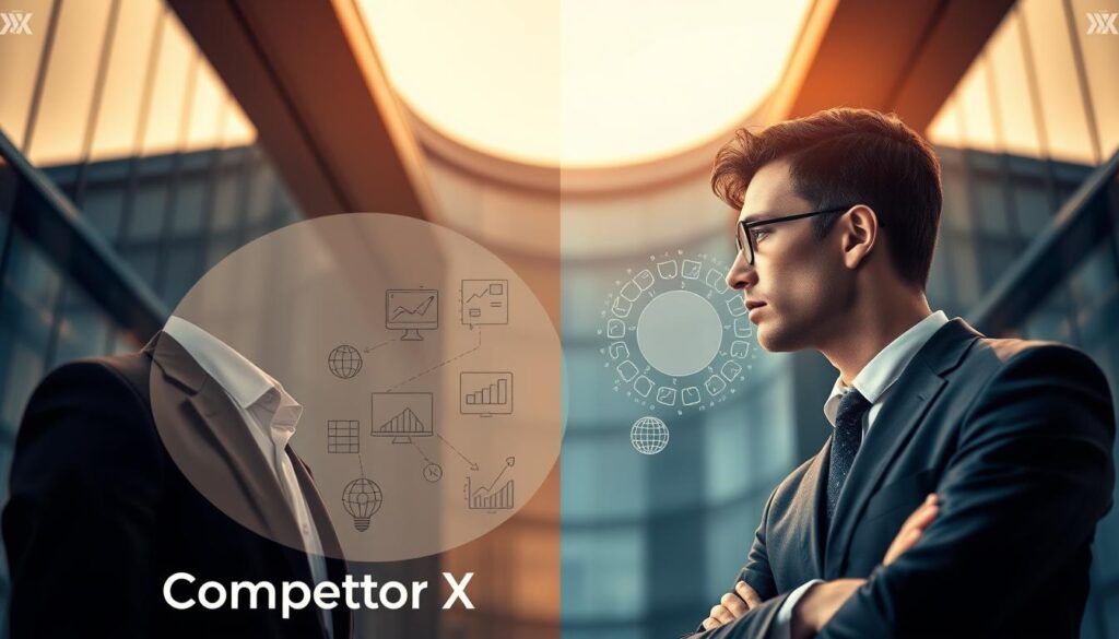 A dynamic side-by-side comparison of [Competitor X] and Lunesia's problem-solving approaches. In the foreground, two figures representing the respective platforms engage in a thoughtful discourse, their expressions conveying careful consideration. The middle ground showcases visual metaphors for their methodologies - [Competitor X] employing analytical frameworks, Lunesia embracing a more holistic, exploratory approach. The background frames the scene with a backdrop of sleek, modern architecture, hinting at the high-tech, innovative nature of the topic. Warm, focused lighting illuminates the central figures, creating a sense of contemplation and clarity. The overall composition strikes a balance between professionalism and dynamism, inviting the viewer to delve into the nuanced comparison at hand.