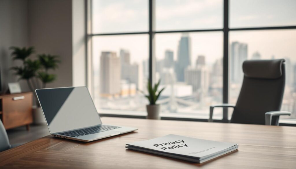 A formal, professional office interior with clean lines, minimalist furniture, and a large window overlooking a modern cityscape. Soft, diffused natural lighting filters in, casting a warm, serene ambiance. In the foreground, a sleek wooden desk hosts a laptop and a stack of documents labeled "Privacy Policy". The mid-ground features a modern, high-backed chair and a potted plant, conveying a sense of order and thoughtfulness. The background showcases the city skyline, reflecting a harmonious balance between technology, nature, and corporate responsibility.