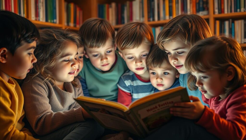 A group of children gathered around a cozy reading nook, faces alight with wonder as they immerse themselves in the captivating tales unfolding before them. Soft, warm lighting casts a comforting glow, highlighting the children's attentive expressions as they lean in, captivated by the narrative. In the background, bookshelves line the walls, a testament to the endless possibilities contained within the written word. The scene evokes a sense of imagination, curiosity, and the power of storytelling to inspire and educate.