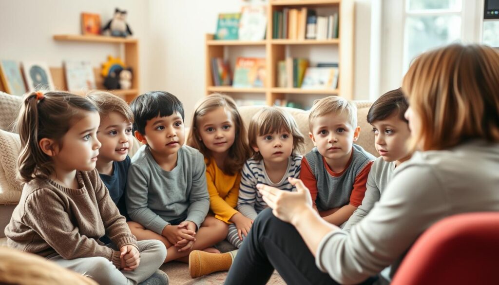 A group of children, ranging in age from 5 to 10 years old, seated around a cozy living room. They are intently focused, their eyes wide with understanding, as they listen to an adult figure - a teacher or parent - guiding them through the complexities of emotions. The lighting is soft and warm, creating an atmosphere of comfort and trust. The children's body language is open and engaged, reflecting their willingness to explore and learn. In the background, a bookshelf filled with storybooks and educational materials hints at the resources available to support their emotional development. The overall scene conveys a sense of empathy, compassion, and the nurturing of big feelings in a safe, supportive environment.