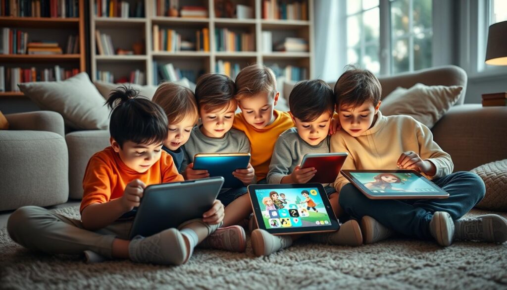 A group of children sitting on a cozy rug, deeply engrossed in tablet devices, their faces illuminated by the warm glow of the screens. The scene is captured in a cozy, inviting living room, with plush furniture and bookshelves lining the walls, creating a sense of comfort and imagination. Soft, diffused lighting casts a gentle ambiance, highlighting the children's concentrated expressions as they navigate various educational apps, exploring the possibilities of digital learning. The scene conveys a sense of wonder and discovery, blending the physical and digital realms to foster an engaging and accessible user experience.