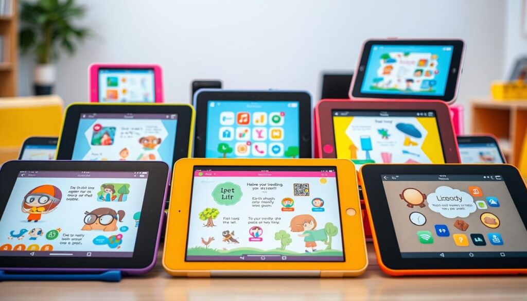 A group of colorful, modern mobile devices arranged in a dynamic, educational composition. In the foreground, several open tablet screens display engaging illustrations and interactive interfaces for storytelling apps, their vibrant colors and intuitive designs capturing the attention. The middle ground features additional tablets and smartphones, each showcasing different educational features and functionalities. The background is a soft, blurred environment, suggesting a classroom or learning space, with gentle lighting illuminating the scene. The overall impression conveys the educational potential and captivating nature of these storytelling apps, designed to enhance the learning experience.