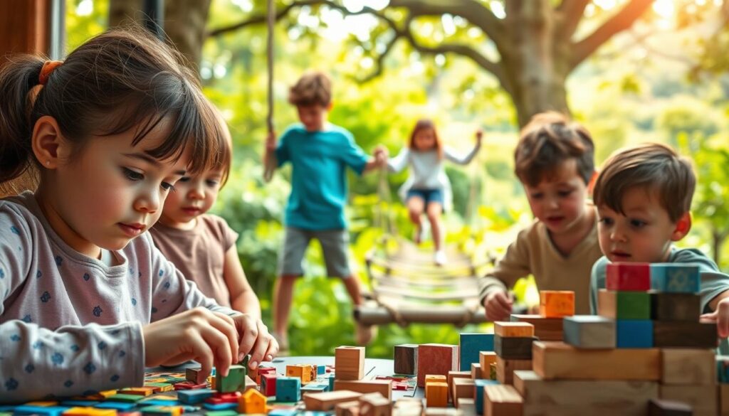 A group of young children, their faces alight with determination, engaged in various activities that challenge their resilience. In the foreground, a girl diligently works on a complex puzzle, her brow furrowed in concentration. Nearby, a boy navigates a maze of building blocks, his small hands carefully placing each piece. In the middle ground, a trio of children encourage one another as they navigate a rope bridge, their expressions radiating a sense of teamwork and perseverance. The background depicts a lush, verdant landscape, with sunlight filtering through the trees, casting a warm, inspiring glow over the scene. The overall mood is one of triumph, where the children's unwavering spirit shines through their efforts to overcome obstacles and achieve their goals.