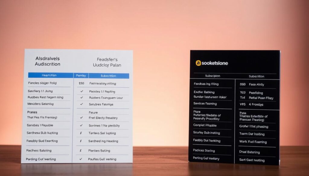A high-quality, detailed comparison of subscription plans for two popular audiobook services, presented with a clean, minimal aesthetic. The foreground prominently displays the plan details side-by-side, with clear headings, pricing, and feature breakdowns. The middle ground showcases the respective brand logos and stylized icons, while the background features a soft, blurred gradient in muted tones to create a professional, informative visual. Lighting is soft and even, with a slightly warm tone to evoke a sense of coziness and relaxation associated with audiobook listening. The overall composition and color palette are designed to highlight the key information in a visually compelling manner, effectively conveying the "Subscription Plans and Value for Money" section of the article.