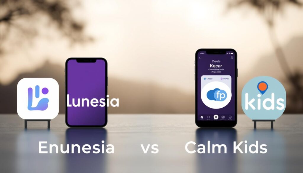 A high-resolution, photorealistic image of a head-to-head comparison between two emotional growth mobile apps, Lunesia and Calm Kids. The foreground features the app icons and logos prominently displayed, with a clean, minimalist design. The middle ground showcases screenshots of the apps' user interfaces, highlighting their key features and functionalities. The background depicts a serene, nature-inspired environment, with soft lighting and muted color palettes to create a calming, introspective atmosphere. The overall composition conveys a sense of balance, professionalism, and the apps' focus on supporting emotional well-being.