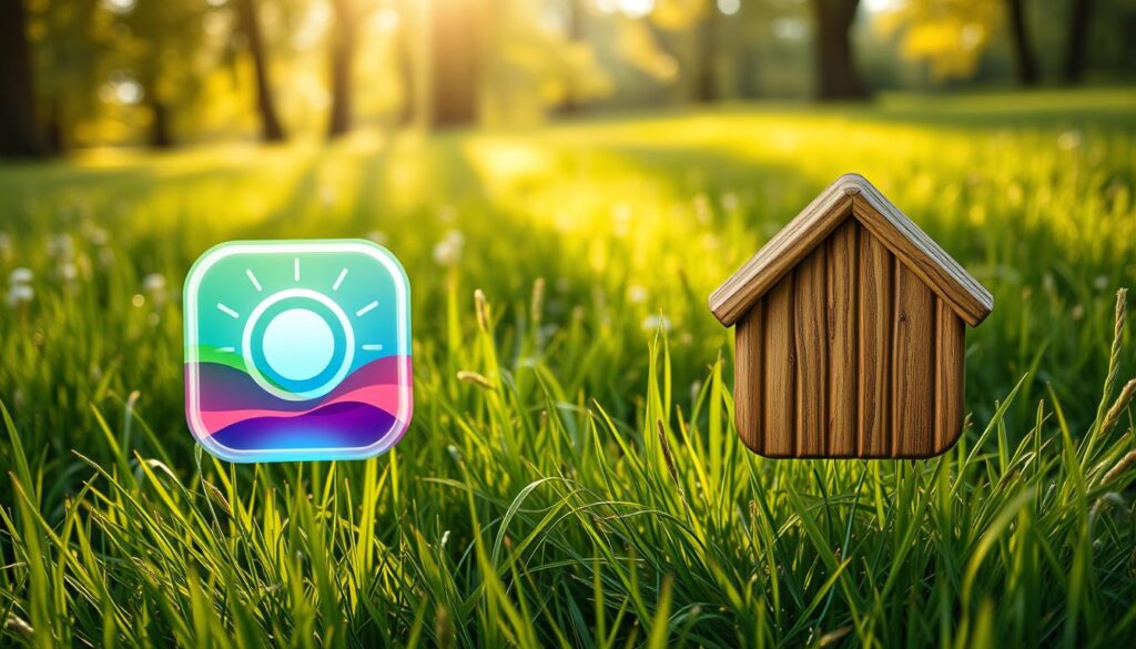 A lush, verdant meadow serves as the backdrop, with sunlight filtering through the trees and casting a warm, ethereal glow. In the foreground, two contrasting educational philosophies are embodied in the form of meticulously crafted, photorealistic app icons. On the left, the Lunesia app icon radiates a futuristic, sleek aesthetic, with clean lines and a vibrant, tech-inspired color palette. On the right, the Waldorf-inspired app icon exudes a rustic, organic charm, featuring natural textures and earthy tones. The composition invites the viewer to ponder the distinct educational approaches these apps represent, setting the stage for a thought-provoking comparison.