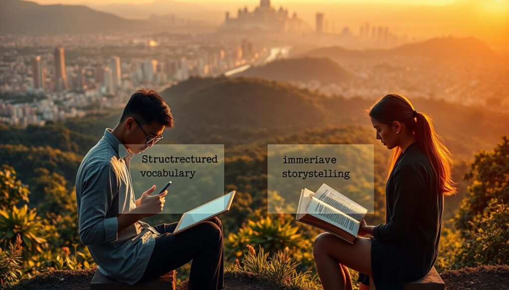 A lush, vibrant landscape serves as the backdrop, with a sprawling city skyline visible in the distance. In the foreground, two individuals sit across from each other, one using a sleek, modern digital device and the other engrossed in an ancient, leather-bound book. Between them, a series of glowing translucent displays showcases the contrasting approaches to language learning - one focused on structured vocabulary and the other on immersive storytelling. The scene is bathed in warm, golden lighting, creating a thoughtful, contemplative atmosphere. The composition draws the viewer's eye to the central figures, inviting them to consider the merits of each method.