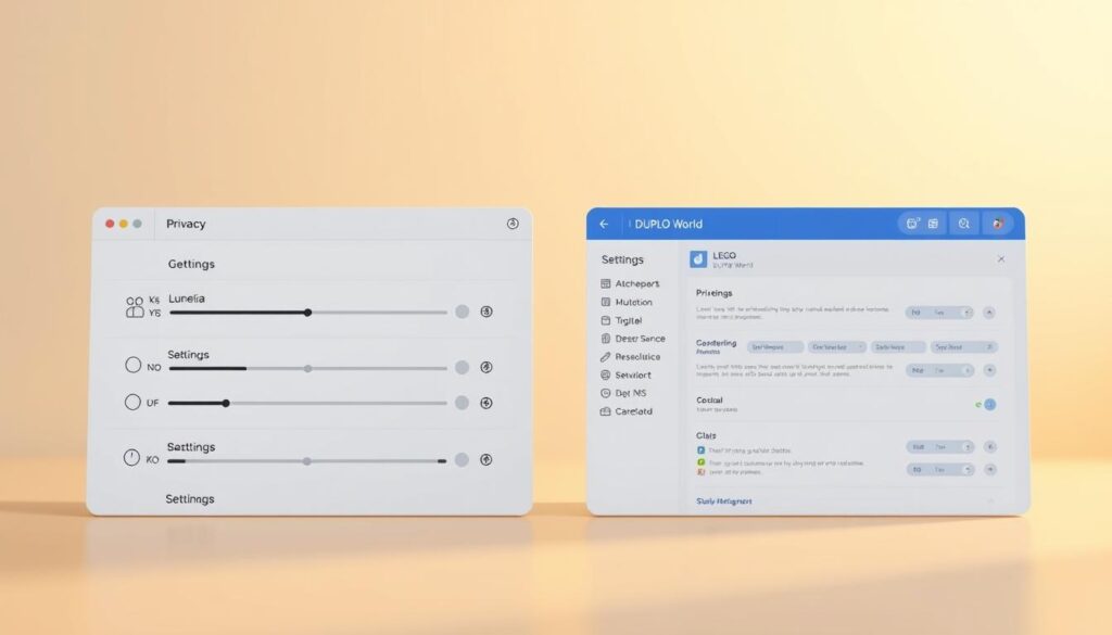 A meticulously designed comparison of privacy settings, showcasing the contrast between two digital ecosystems. In the foreground, a clean, minimalist interface with intuitive toggles and sliders, representing the privacy controls of Lunesia. In the middle ground, a more complex, layered settings panel of LEGO DUPLO World, conveying a sense of depth and customization. The background is a soft, muted gradient, drawing the viewer's attention to the core functionality. The lighting is warm and inviting, emphasizing the importance of digital well-being and responsible technology use. The overall composition is balanced, with a sense of harmonious duality, reflecting the delicate balance between play, privacy, and safety.