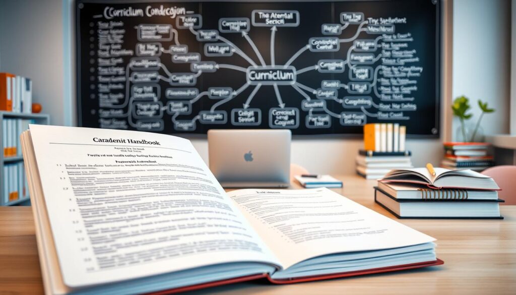 A meticulously designed curriculum structure, captured in a well-lit, high-resolution image. In the foreground, a elegant, spiral-bound academic handbook showcases a detailed syllabus, course materials, and learning objectives. The middle ground features a modern, minimalist desk setup with a laptop, textbooks, and study materials, all arranged in a visually appealing manner. In the background, a large chalkboard or whiteboard displays a mind map of interconnected topics, learning modules, and assessment methods, conveying a sense of depth and structure to the educational approach. The overall atmosphere is one of intellectual rigor, academic excellence, and a focus on holistic character development.