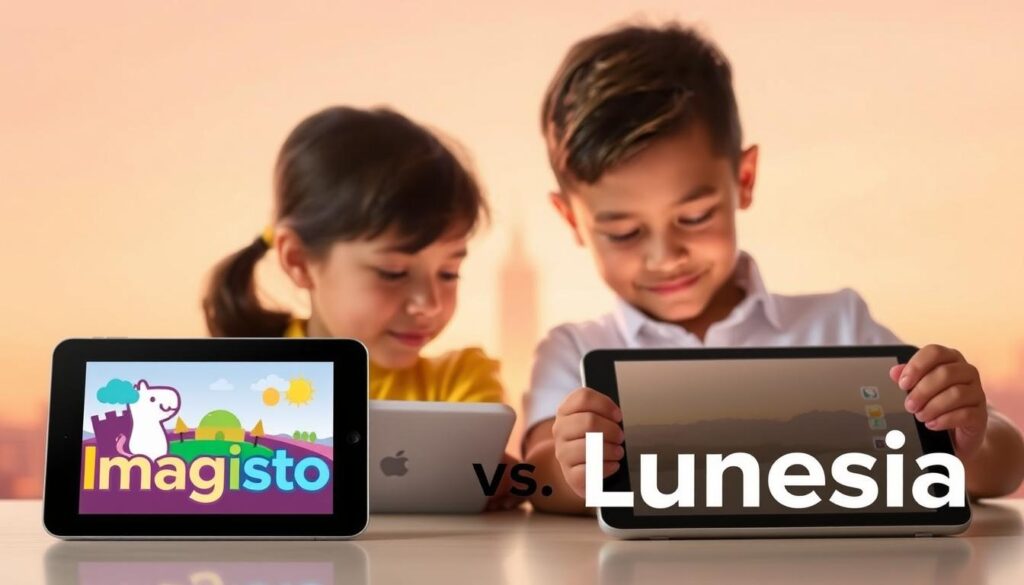 A modern, sleek, and visually engaging comparison of two popular storytelling apps, Imagistory and Lunesia, set against a warm, pastel-toned background. In the foreground, the two app icons are displayed side-by-side, showcasing their distinct visual styles and design elements. The middle ground features two children, one using each app, their faces lit by the glow of the tablet screens, capturing the sense of immersion and engagement. In the background, a soft, blurred city skyline or nature scene provides a serene and inspiring backdrop, hinting at the creative potential of these storytelling tools. The overall composition conveys a sense of professionalism, creativity, and the core features that differentiate these two digital storytelling experiences.