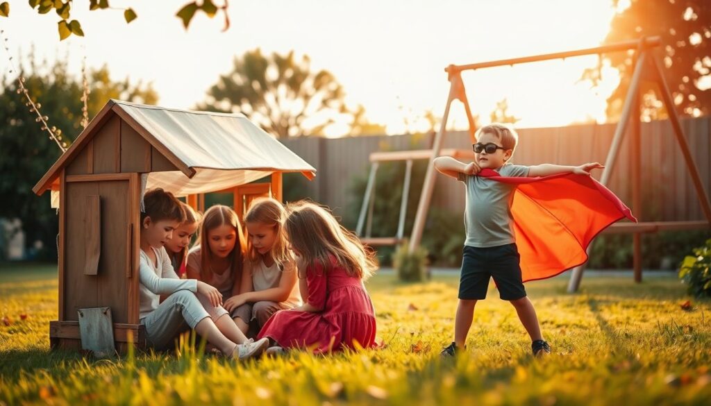 A peaceful backyard scene with children engaged in imaginative narrative play. In the foreground, a group of young girls huddled around a makeshift playhouse, lost in a world of their own creation. Midground, a boy models a superhero pose, cape fluttering in the gentle breeze. In the background, a swing set and lush greenery set the stage for this unfolding story. Warm, soft lighting casts a dreamy glow, highlighting the children's rapt expressions as they weave their tales. The composition conveys a sense of wonder, curiosity, and the pure joy of unbridled imagination at work.