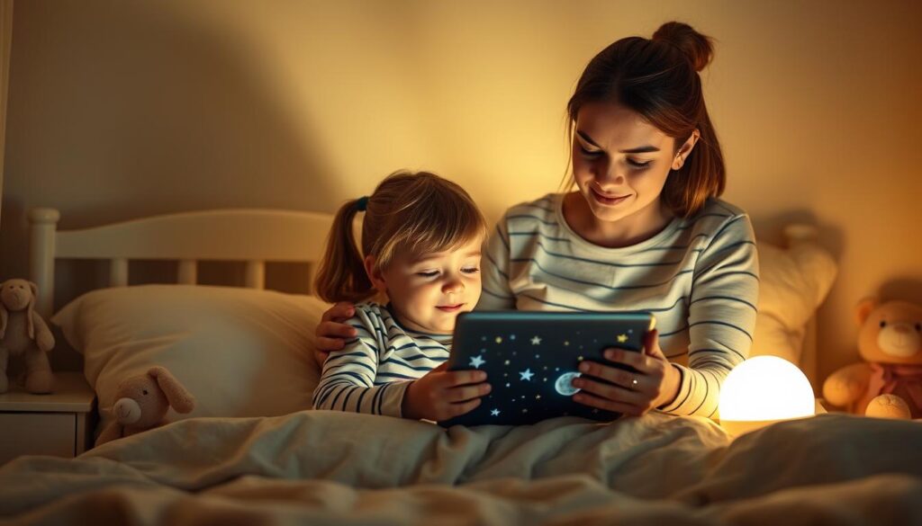 A peaceful bedroom scene with a parent using a sleep app with their child at bedtime