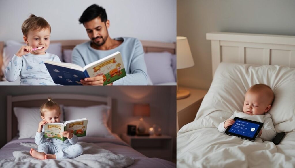 A peaceful bedtime routine showing a child getting ready for sleep with a sleep app A peaceful bedtime routine showing a child getting ready for sleep with a sleep app