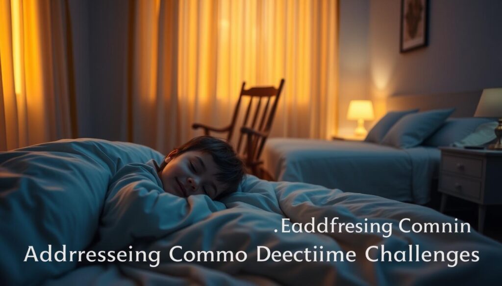 A peaceful, dimly lit bedroom scene. In the foreground, a young child snuggled cozily in a soft, plush bedsheet, their face serene and relaxed. Warm, golden light filters through sheer curtains, casting a comforting glow. In the middle ground, a wooden rocking chair and a nightstand with a glowing, softly diffused table lamp. The background features a neatly made bed, with a nightstand and a simple, elegant wall decor. The atmosphere is tranquil, inviting, and conducive to a restful sleep. The lighting, textures, and overall composition evoke a sense of calm and security, perfect for illustrating the section on "Addressing Common Bedtime Challenges".