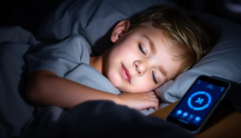 A peacefully sleeping child with a sleep app playing softly nearby A peacefully sleeping child with a sleep app playing softly nearby