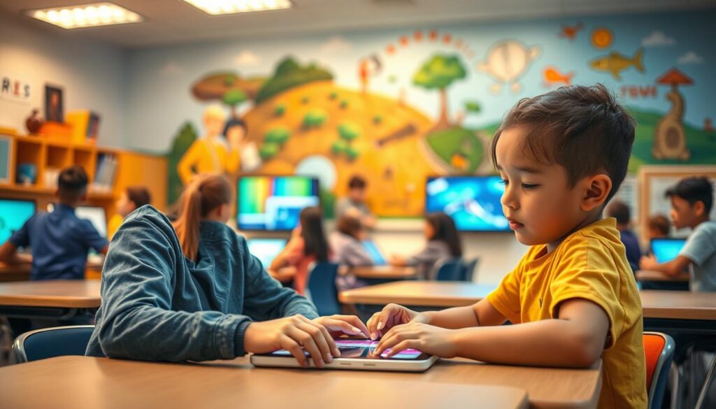 A personalized learning experience unfolds before the viewer. In the foreground, a student sits at a desk, intently focused on a tablet, their expression one of engaged concentration. The middle ground reveals a diverse classroom setting, with students of varying ages and backgrounds collaborating on interactive digital displays. In the background, a vibrant mural depicts a journey of discovery, symbolizing the adaptability and customization of the learning environment. Soft, warm lighting illuminates the scene, creating an atmosphere of creativity and intellectual growth. The image conveys a sense of individualized, technology-driven education that empowers students to learn at their own pace and explore their unique interests.